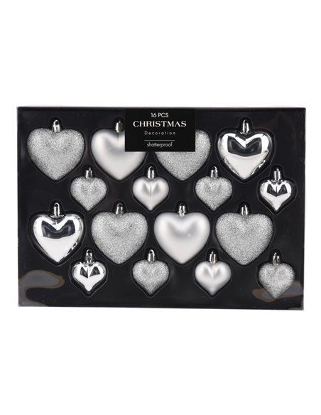 Σετ χριστουγεννιάτικα στολίδια-καρδιές 16 τεμαχίων,  3 σχεδίων ασημί