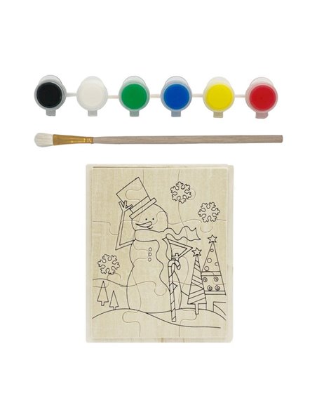 Παζλ ξύλινο - σετ ζωγραφικής Υ15,5x20x5εκ. χιονάνθρωπος με 6 νερομπογιές και πινέλο