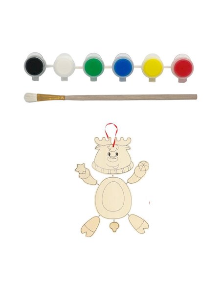 Σετ ζωγραφικής με ξύλινο τάρανδο Υ24x22x1,5εκ. και 6 νερομπογιές με πινέλο