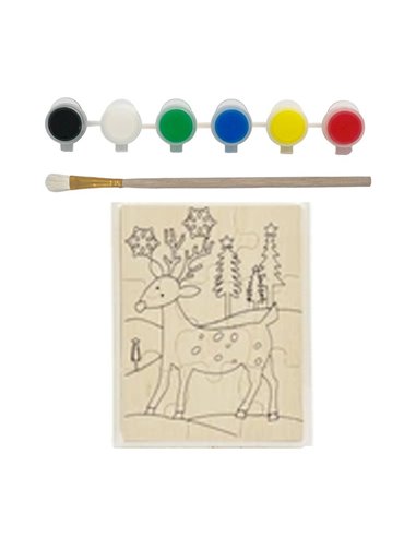 Παζλ ξύλινο - σετ ζωγραφικής Υ15,5x20x5εκ. τάρανδος με 6 νερομπογιές και πινέλο