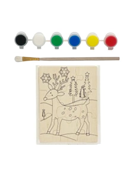 Παζλ ξύλινο - σετ ζωγραφικής Υ15,5x20x5εκ. τάρανδος με 6 νερομπογιές και πινέλο