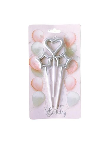 Κεράκια γενεθλίων καρδιά-αστεράκια σετ 3 τμχ 11εκ. ασημί