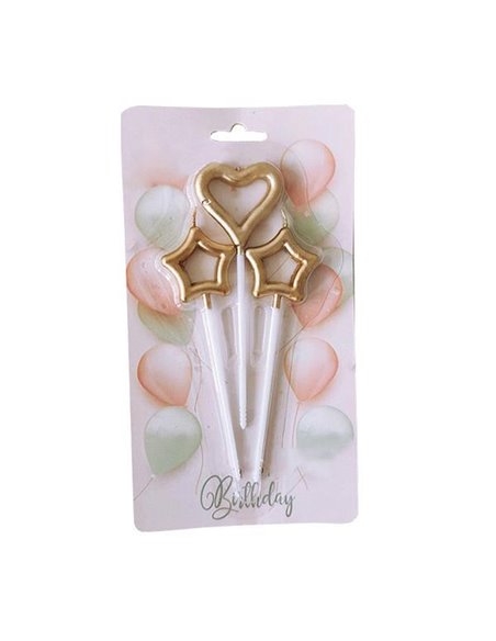 Κεράκια γενεθλίων καρδιά-αστεράκια σετ 3 τμχ 11εκ. χρυσό