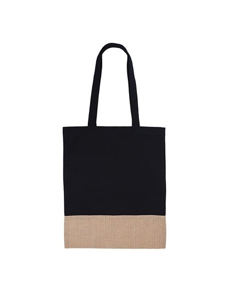 Τσάντα, Υ44x36εκ βαμβακερή, μαύρη με μακρύ χερούλι και βάση από γιούτα/λινάτσα. Δυνατότητα εκτύπωσης