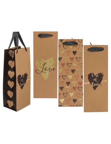 Χάρτινες τσάντες κρασιού Υ33x12x10εκ. κραφτ με καρδιές σε 3 σχέδια