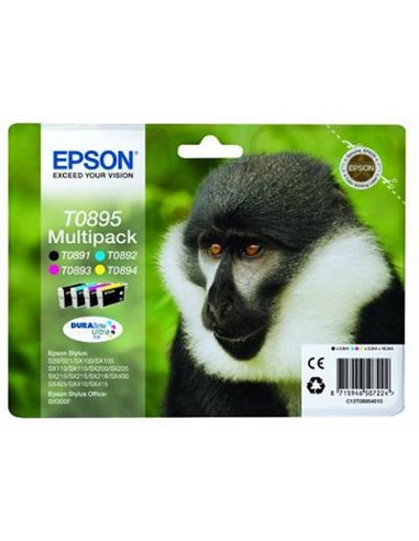 Ink Epson T0895 C13T08954010 Multipack containing 4 ink cartridges.Black (T089140), Cyan (T089240), Magenta (T089340), Yellow (T